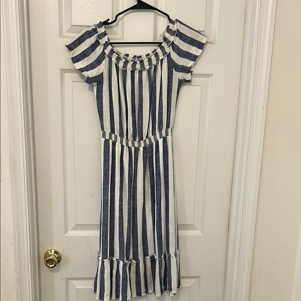 Everly Blue and White Ruffled Smocked Midi Dress Linen